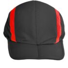 A black baseball cap with two bold red stripes running vertically over the top. The cap has a short, curved brim and visible stitching detail around the crown and brim area.