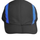 Black cap with two vertical blue stripes on either side of the front panel. The cap has a curved brim and appears to be made of a smooth fabric.