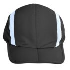 A black cycling cap with two vertical white stripes running from the front to the back. The cap has a short, stiff brim and a slightly wrinkled texture.