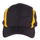 A black baseball cap with yellow stripes along the sides of the front panel is shown against a white background. The cap has a curved brim and no visible logo or branding.