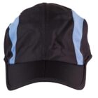 A black baseball cap with light blue stripes on each side, viewed from the front. The fabric appears textured, and the brim is slightly curved.