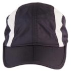 Black baseball cap with two white vertical stripes on the front panels. The brim is solid black. The cap has a slightly textured fabric and a structured, sporty design.