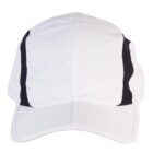 White baseball cap with black side panels, viewed from the front.