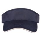 A navy blue visor with a curved brim and white underside, viewed from the front.