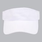 White visor hat on a gray background, featuring a curved brim and an open top.