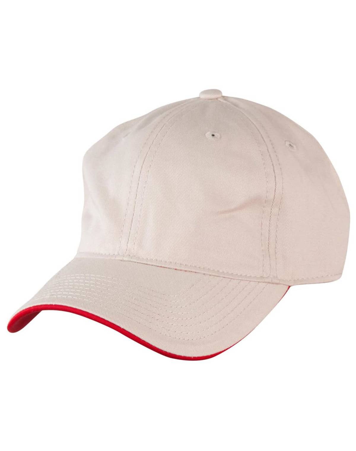 Beige baseball cap with a red accent on the edge of the brim, shown on a white background.