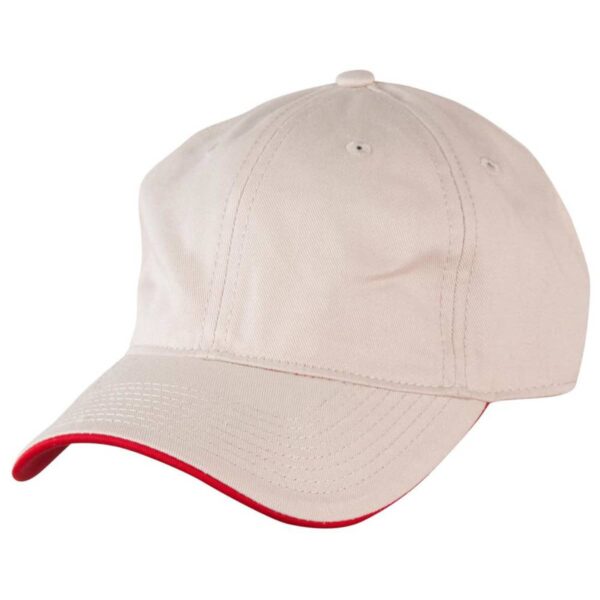 Beige baseball cap with a red underbrim, viewed from the front left side.