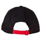 Back view of a black baseball cap with a red adjustable strap and metal clasp.
