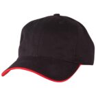 A black baseball cap with a red trim along the edge of the brim.