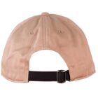 Tan baseball cap viewed from the back, showing an adjustable black strap with a metal buckle.