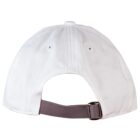 Back view of a white baseball cap with an adjustable gray strap and metal buckle.
