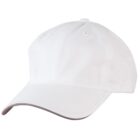 Plain white baseball cap with a curved brim, viewed from an angle.