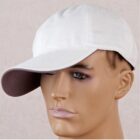 A mannequin head wears a white baseball cap with an unusually wide and tilted brim.