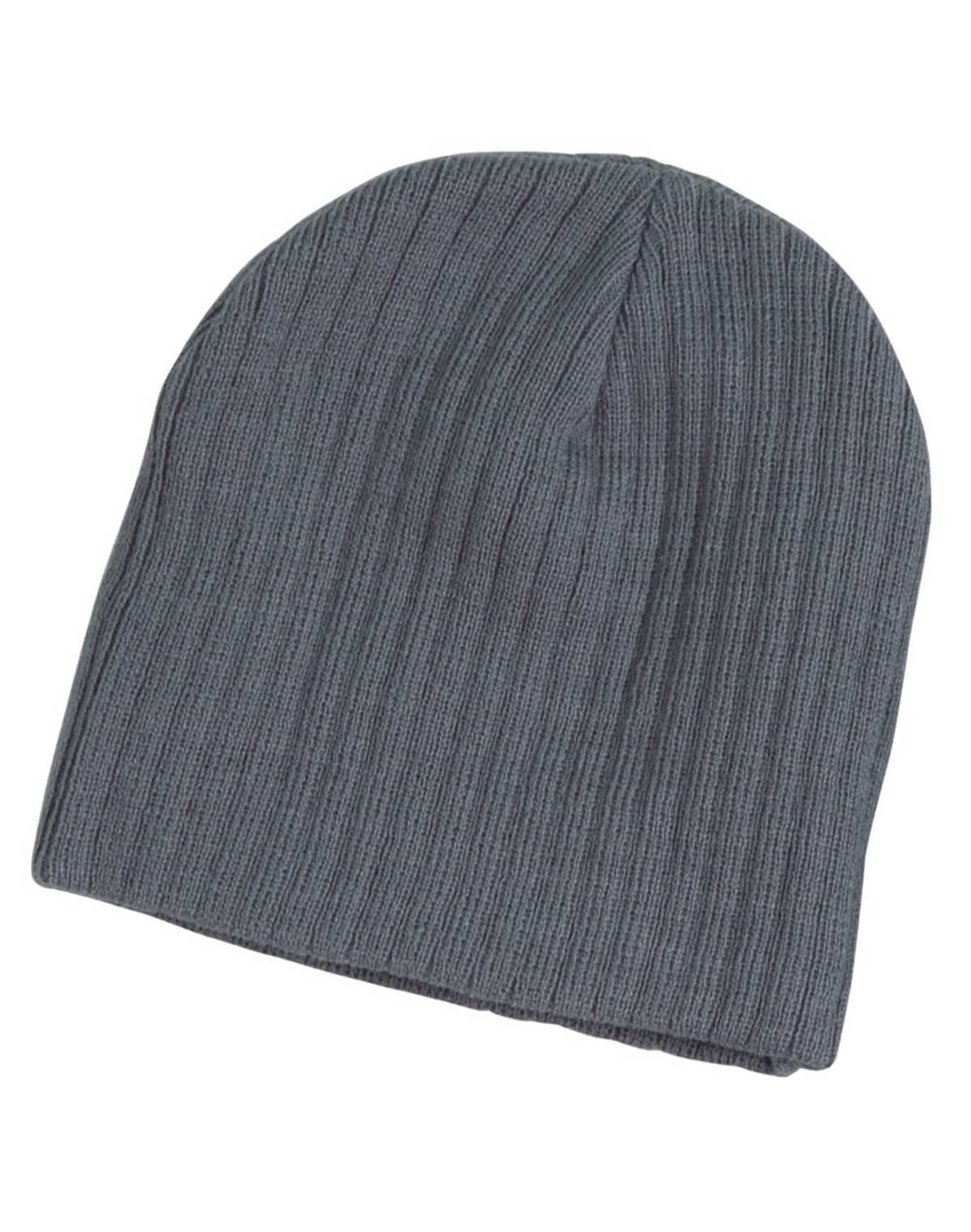 A gray knitted beanie with a ribbed pattern, displayed against a white background. The beanie has a simple and casual design, with a slightly rounded top.