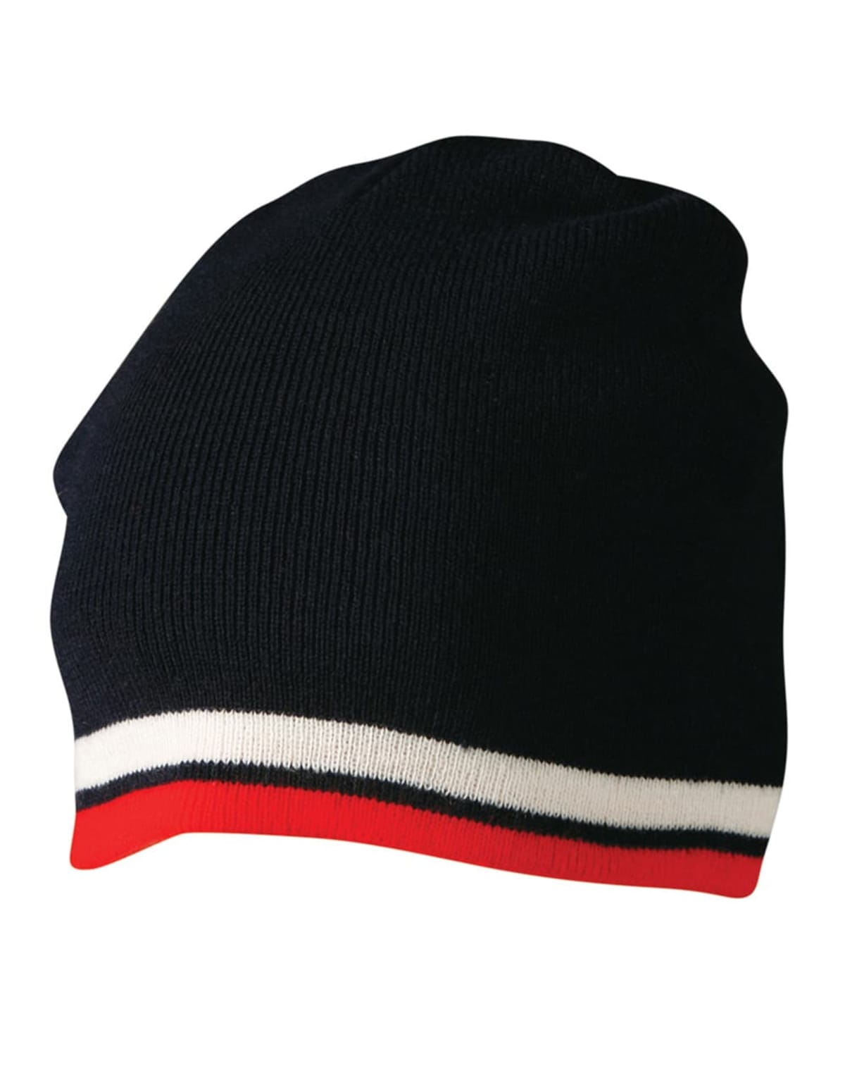 A black knit beanie with a folded edge. The brim features a stripe pattern in white and red. The beanie is shown against a plain white background.