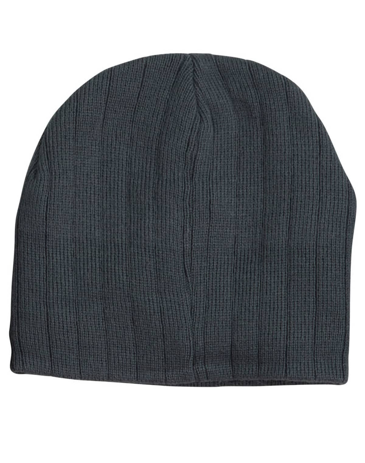 Dark gray ribbed knit beanie hat on a white background.