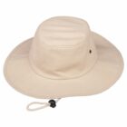 A beige wide-brimmed hat with a chin strap and two small ventilation holes on each side. The hat is shown against a plain white background, lying flat with the brim fully visible.