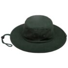 A dark green wide-brimmed hat with a flat top, two metal eyelets on the side, and an adjustable chin strap. The hat is placed on a plain white background.
