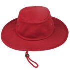 A red wide-brimmed hat with a chin strap and small side ventilation eyelets, designed for outdoor activities.