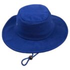 A blue bucket hat with a wide brim and an adjustable chin strap. The hat has small ventilation holes on the sides.