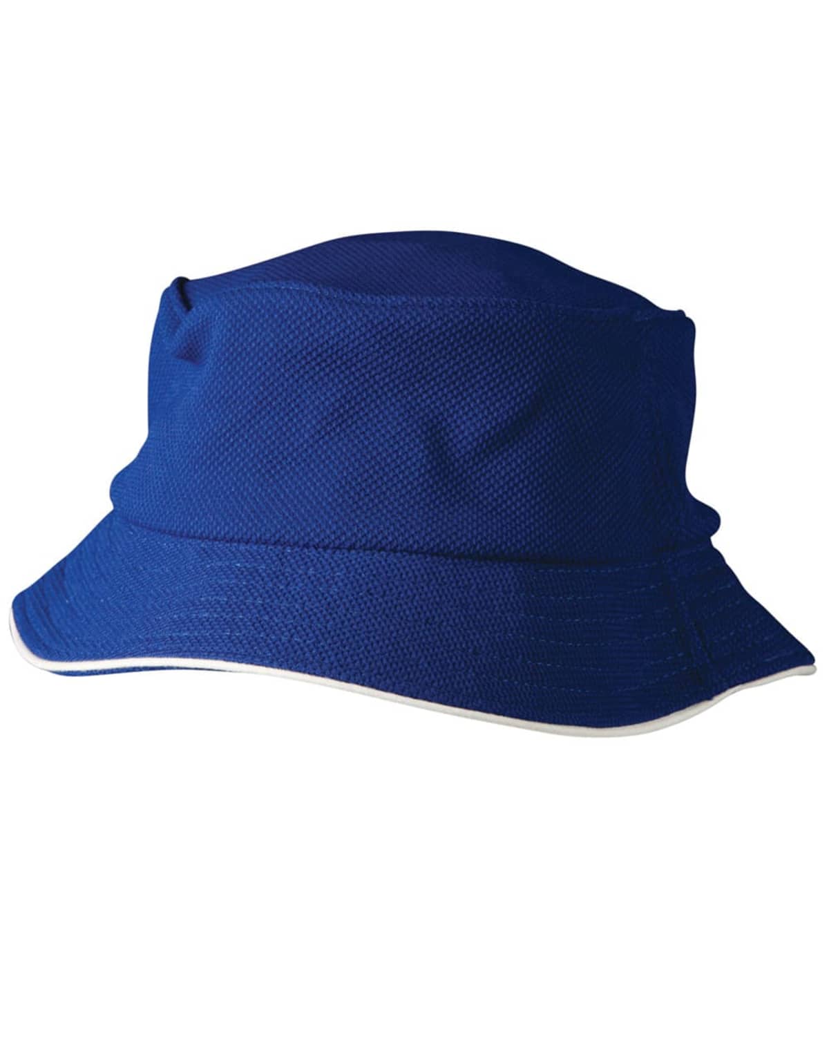 A deep blue bucket hat with a subtle texture and a slightly curved brim. The edge of the brim is outlined with a thin white trim.