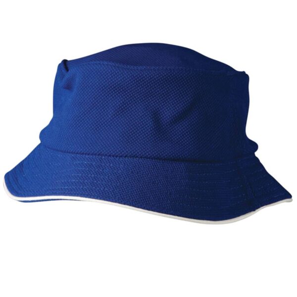 A blue bucket hat with a slightly textured fabric and a white edge trim. The hat has a classic shape with a circular brim and a flat top.