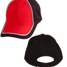 A red and black baseball cap with white piping is shown in two views. The front view displays the red panel with black sides, while the rear view shows the black back with an adjustable strap.