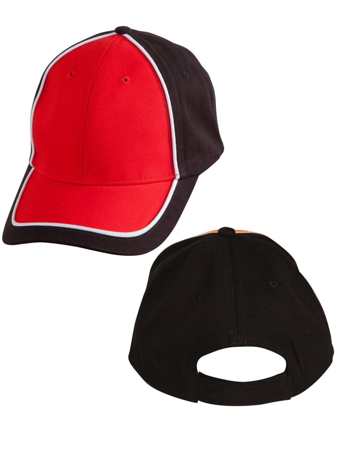 A red and black baseball cap with white piping is shown in two views. The front view displays the red panel with black sides, while the rear view shows the black back with an adjustable strap.