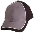 A gray and black baseball cap with white piping along the seams and brim. The cap features six panels and a curved bill, giving it a classic sports-style appearance.