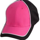 A baseball cap with a black back and a bright pink front and brim. The cap features white piping along the edges where the pink and black sections meet. The crown has two small ventilation holes.