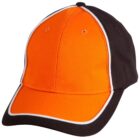 Orange and black baseball cap with white trim on the edges. The front panels and brim are orange, while the sides and top are black. The cap has ventilation holes on the top panel.
