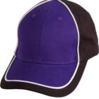 A baseball cap with a purple front panel and a black back. It features white piping along the seams and the edge of the brim. The cap has a button on top and eyelets for ventilation.