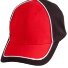 A red and black baseball cap with a curved brim. It features white piping along the edges. The front panels are red, while the sides and brim are black. Two small ventilation holes are visible on the red panels.