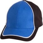 A blue and black baseball cap with a curved brim and white trim around the edges. The front panels are blue with small ventilation holes, and the sides and brim are black.
