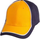 A baseball cap with a bright yellow front and navy blue sides and brim. White piping outlines the seams, adding contrast to the design. The cap also features two small ventilation holes on the yellow panel.