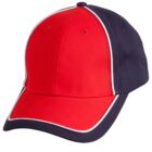 A red and navy blue baseball cap with white piping around the seams and edges. The front panels and brim are red, while the side and back panels are navy blue.