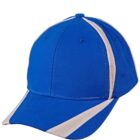 A blue baseball cap with a curved brim. It features white accents along the brims edge and white panels on the sides, creating a sporty look.