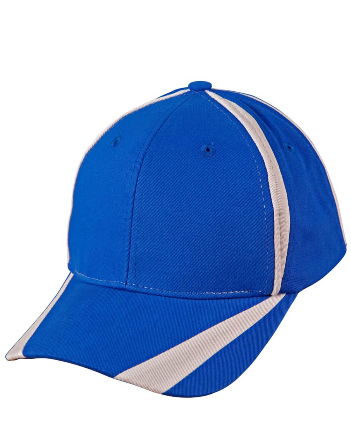 A blue baseball cap with a curved brim. It features white accents along the brims edge and white panels on the sides, creating a sporty look.