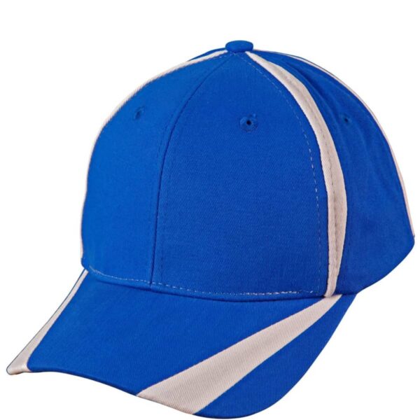 A blue baseball cap with a white stripe running along the side and across the front part of the visor. The cap has a curved brim and visible stitching.