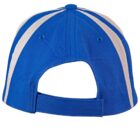 A blue baseball cap with white stripes is shown from the back. It features an adjustable strap and hole for sizing.