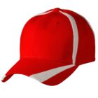 Red baseball cap with two white stripes running along the top and a triangular white section on the brim, set against a plain white background.
