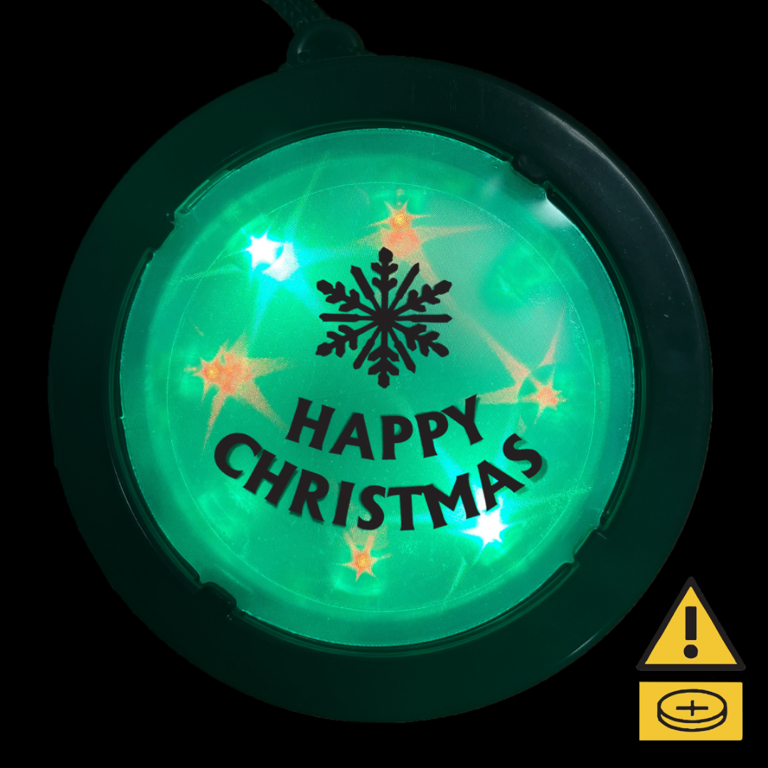 Christmas Medallion Necklace: Green ornament with snowflakes, stars, and Happy Christmas.