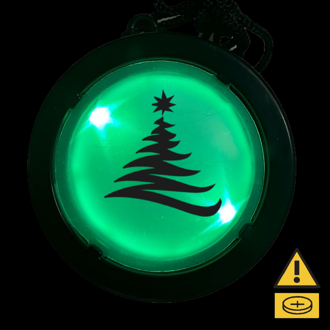 Green Christmas Tree Necklace with silhouette & warning symbol.