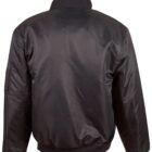 A black bomber jacket with a ribbed collar, cuffs, and waistband. The jacket is shown from the back, highlighting its shiny fabric and relaxed fit.