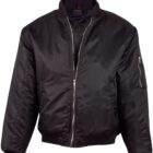 Black bomber jacket with a zippered front, ribbed collar, cuffs, and hem. The jacket features a zippered pocket on the left sleeve. The fabric appears to be smooth and slightly shiny. The front is unzipped to reveal part of the lining.