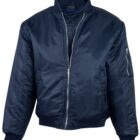 A navy blue bomber jacket with a ribbed collar, cuffs, and hem. It features a silver front zipper and a zippered pocket on the left sleeve. The jacket is made of a shiny fabric and has a relaxed fit.