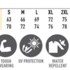 Size chart for a unisex flying jacket, with sizes 2XS to 7XL. Measurements: Half chest 57-82 cm, body length 64-82 cm. Features include insulation, wind/cold proof, tough wearing, UV protection, and water repellence.