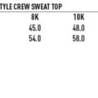 Size chart for a kids fleece crew sweat top. Sizes 6K to 14K with measurements for easy fit, half chest (42-54 cm), and body length (50-66 cm). Features wind and cold proof symbol.
