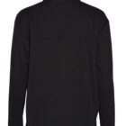 A black fleece pullover with a high collar is photographed from the back. The garment features long sleeves and a seam across the upper back, giving it a simple and classic look.