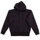 A black zip-up hoodie with a hood and front pockets is laid flat. The hoodie has long sleeves and drawstrings attached to the hood.